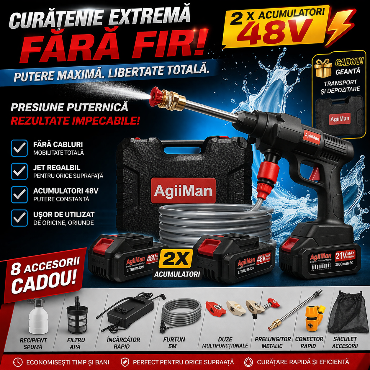 Aparat De Spalat Cu Presiune cu 2 ACUMULATORI de 48V +7 acccesorii cadou