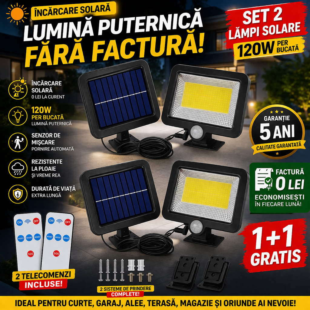 Set 2 Lampi Solare Cu Panou Separat 120W Lumina Puternica, 100 LED COB, Cu Senzor De Miscare si Telecomanda, 1+1 CADOU