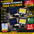 Set 2 Lampi Solare Cu Panou Separat 120W Lumina Puternica, 100 LED COB, Cu Senzor De Miscare si Telecomanda, 1+1 CADOU