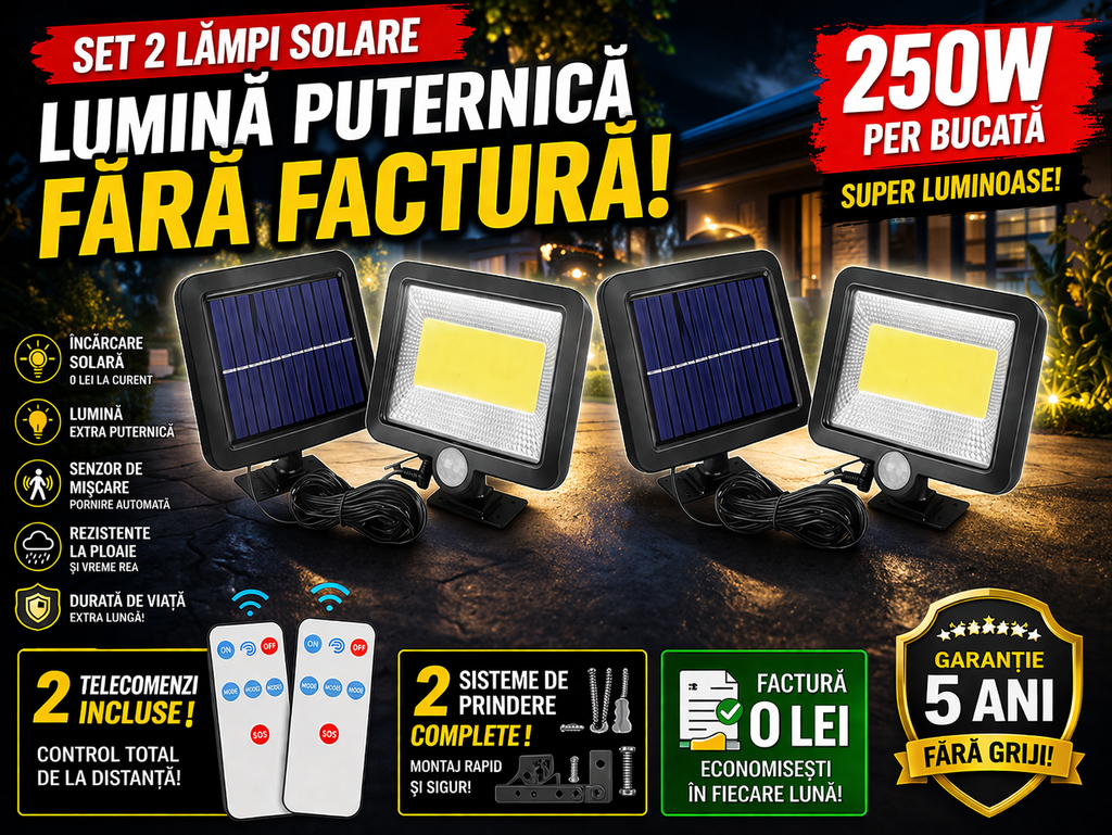 Set 2 Lampi Solare 250W cu cablu de 5 Metri gratuit si panou separat