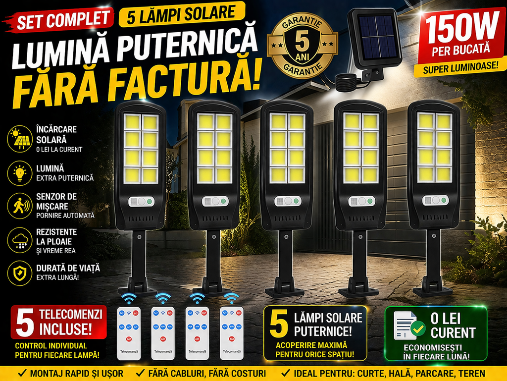 Set 5 Lampi LED Solare 150W COB 160 LED-uri cu Senzor de Mișcare, Autonomie 12-14 ore, IP65