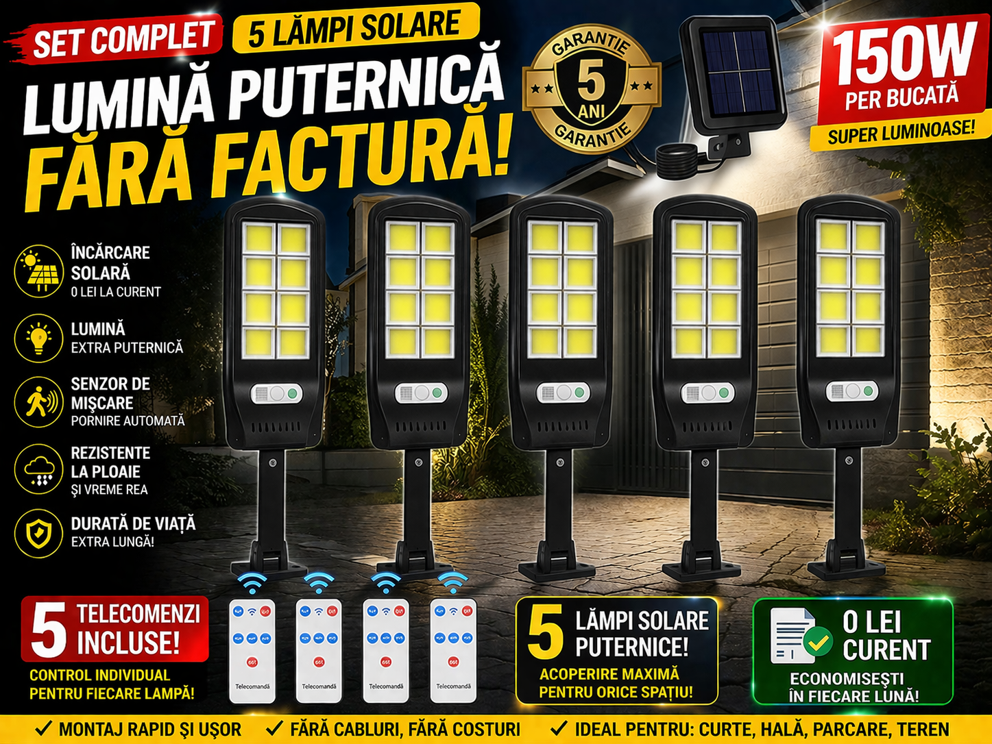 Set 5 Lampi LED Solare 150W COB 160 LED-uri cu Senzor de Mișcare, Autonomie 12-14 ore, IP65