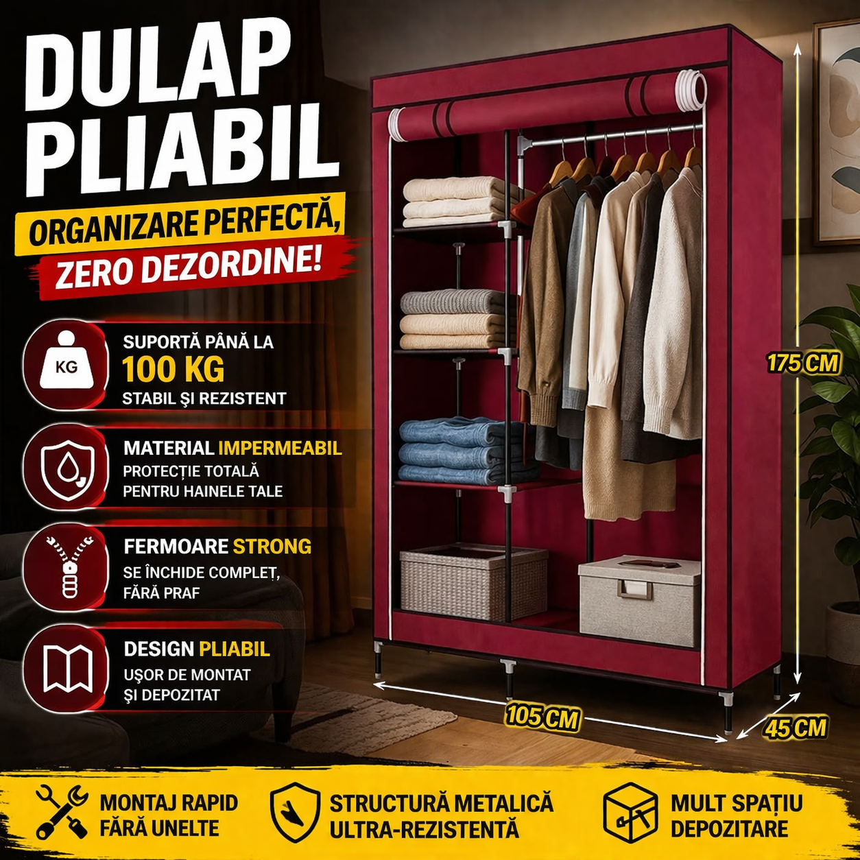 Dulap pliabil din material textil, dublu, 105 x 45 x 175 cm
