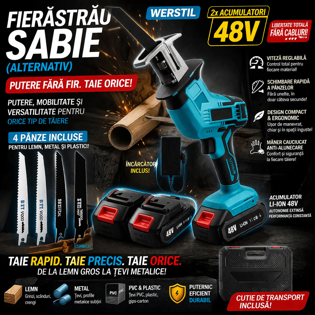 Fierăstrău Sabie Reciproc cu 2 Acumulatori 48V - Tăiere Lemn & Metal, 4000RPM + 4 Lame Incluse (Compatibil Makita)