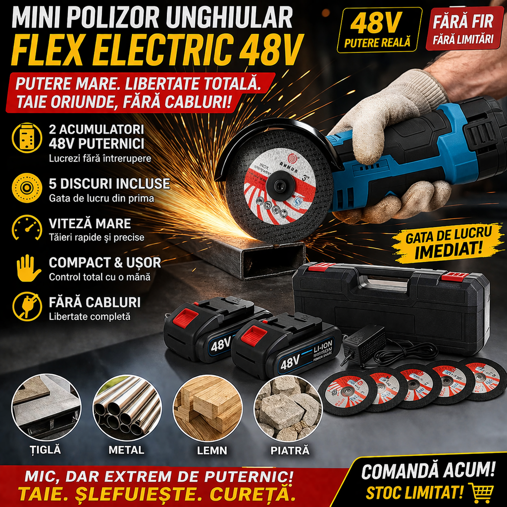Mini Polizor Unghiular Flex Electric 48 v cu 2 Acumulatori, 6 Discuri Incluse