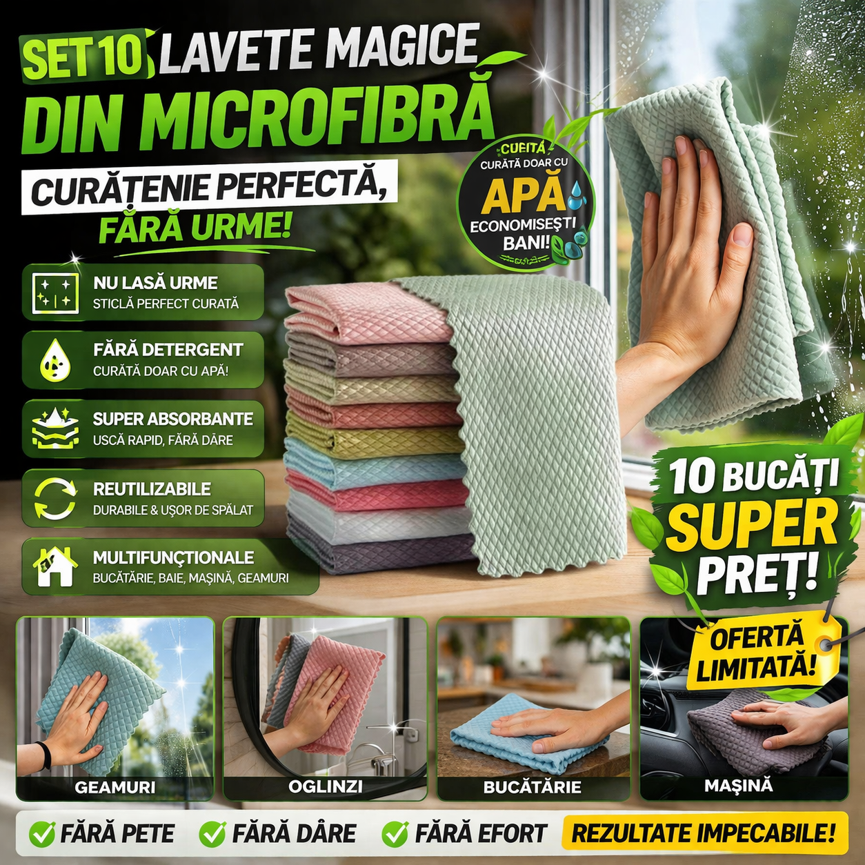 Set 10 Lavete Magice din Microfibră – Curățare Fără Urme, Fără Detergent