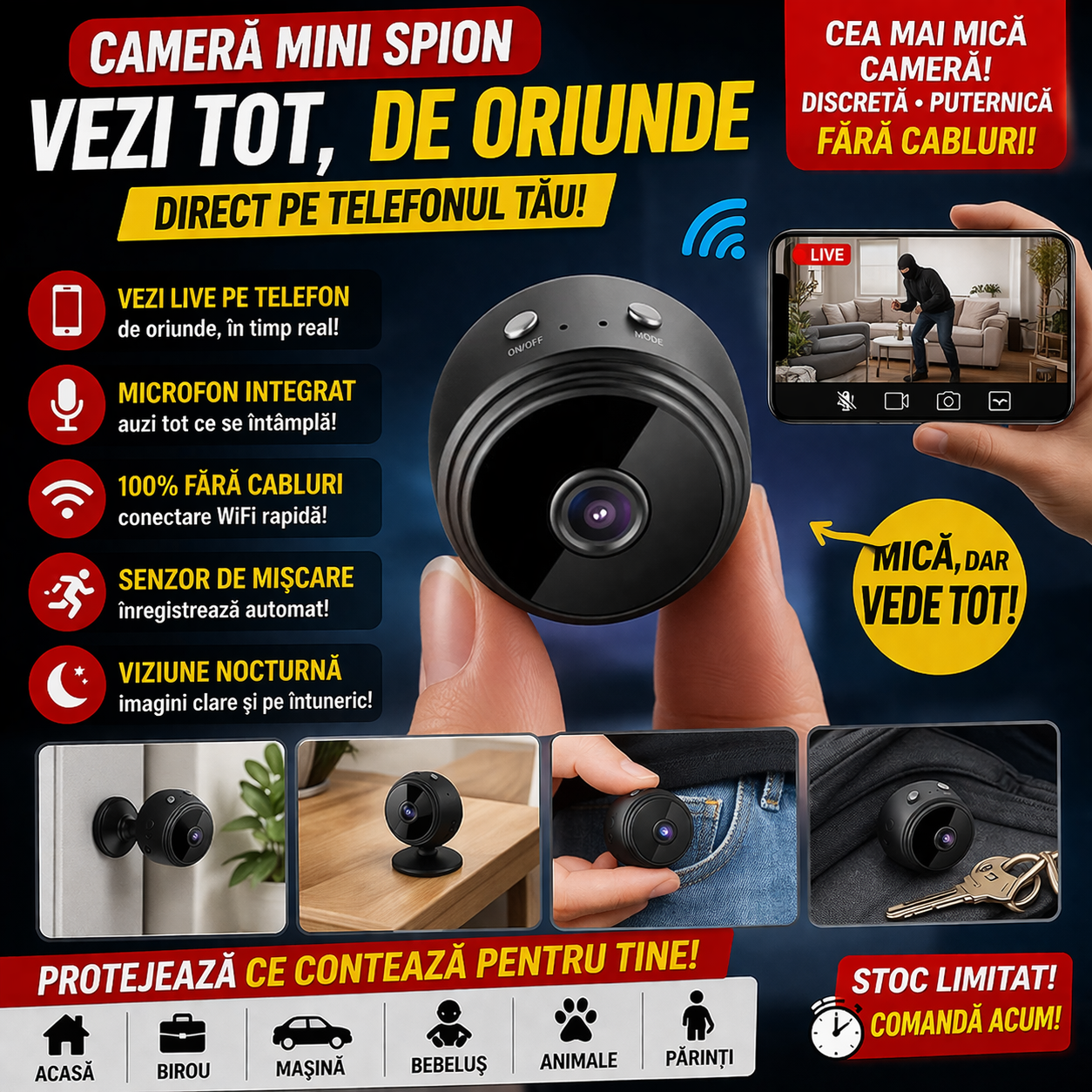 Mini Camera Spion    Wi-Fi, 32 GB, Audio-Video, Vedere infrarosu + card cadou