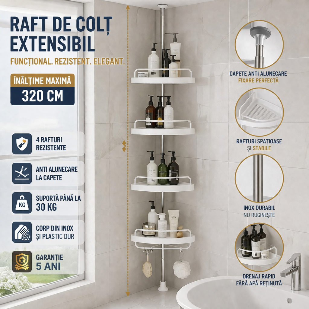 Etajera colt pentru baie si dus, 4   rafturi, inaltime reglabila 320 cm, montare pe colt