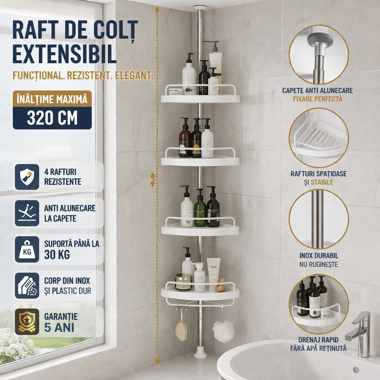 Etajera colt pentru baie si dus, 4   rafturi, inaltime reglabila 320 cm, montare pe colt