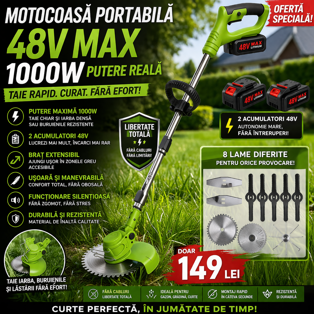 Motocoasa Portabila Cu Acumulator de 48V, Putere 1000W, Cu Brat Extensibil, Pentru Gazon, 8 Lame Diferite