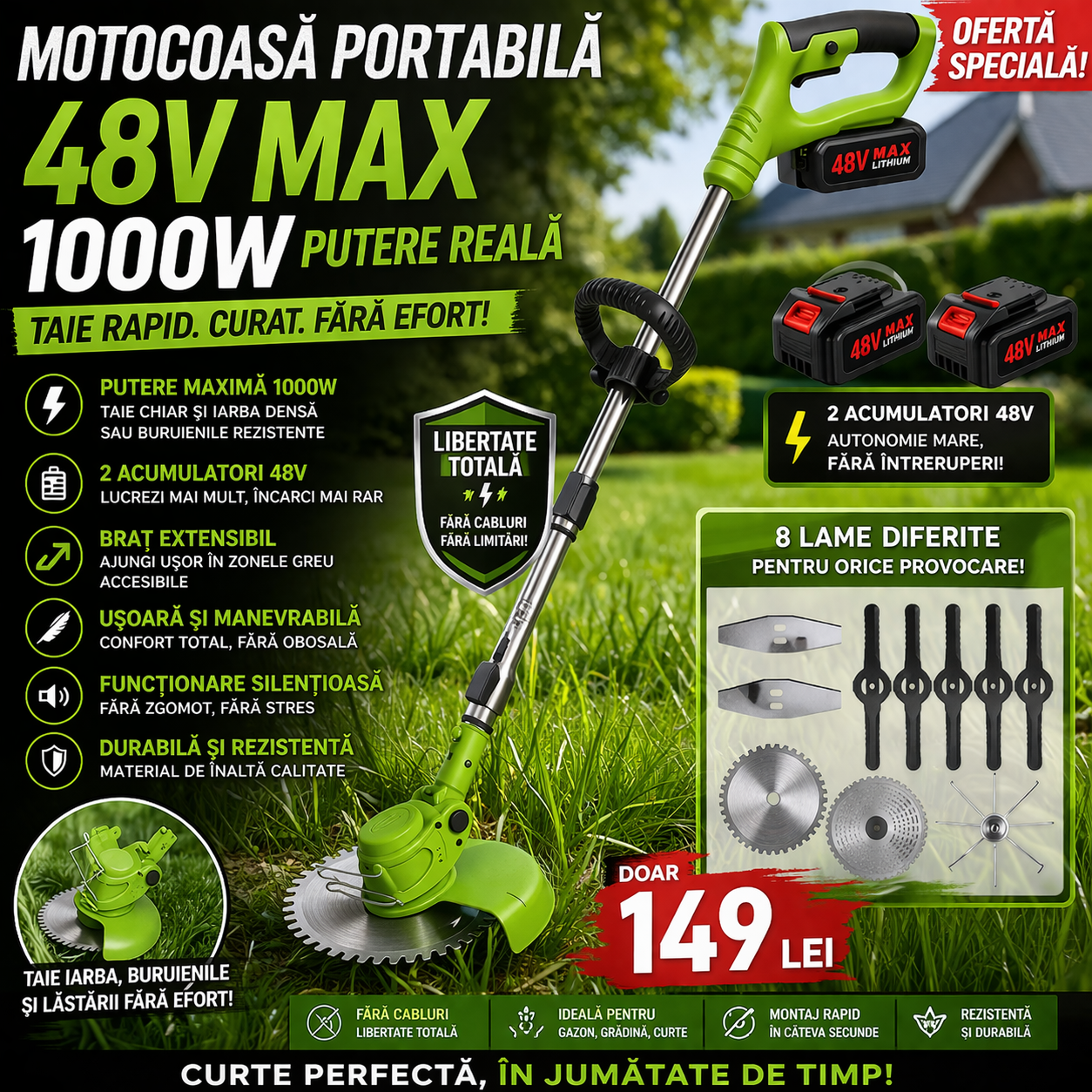 Motocoasa Portabila Cu Acumulator de 48V, Putere 1000W, Cu Brat Extensibil, Pentru Gazon, 8 Lame Diferite