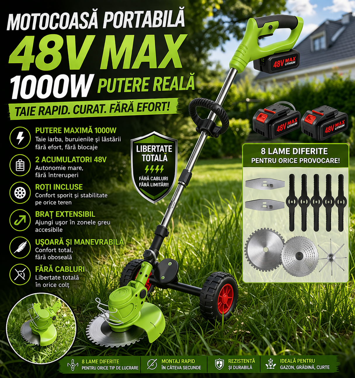 Motocoasa Portabila Cu Acumulator de 48V, Putere 1000W, Cu Brat Extensibil, Pentru Gazon, 8 Lame Diferite