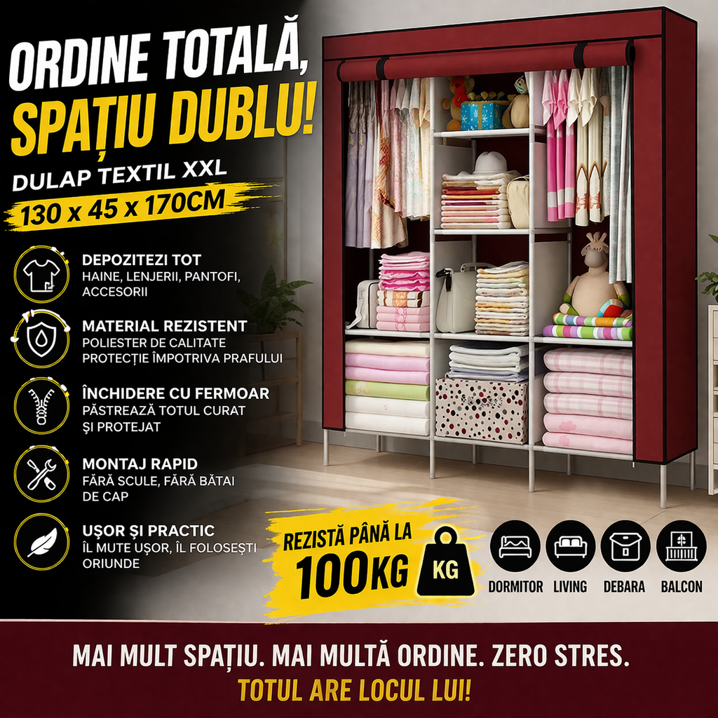 Dulap textil 3 compartimente pentru haine, inchidere prin fermoar, 130 x 45 x 170 cm