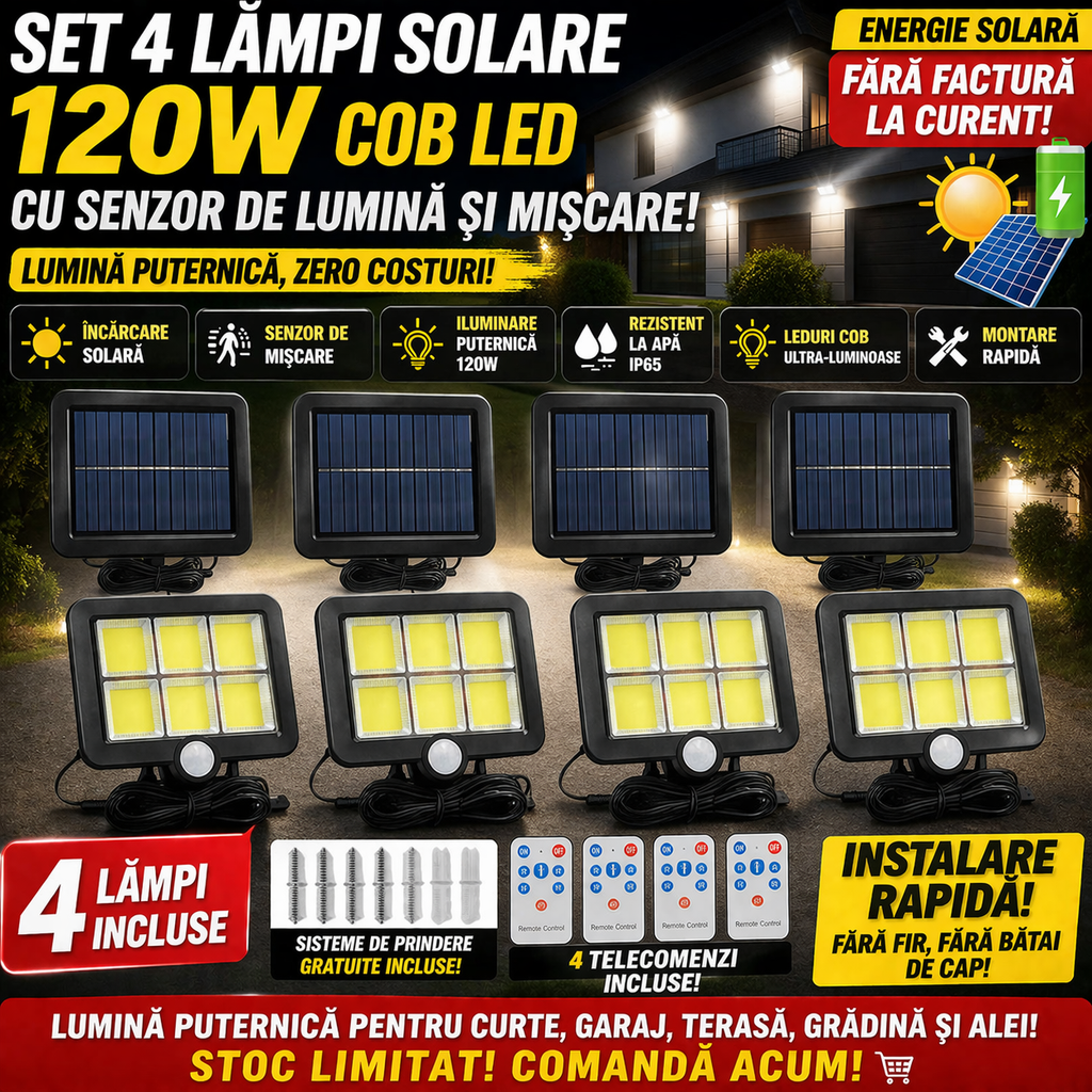 Set 4 Lămpi Solare 120W cu Senzor de Lumină și Mișcare Leduri COB + Telecomandă