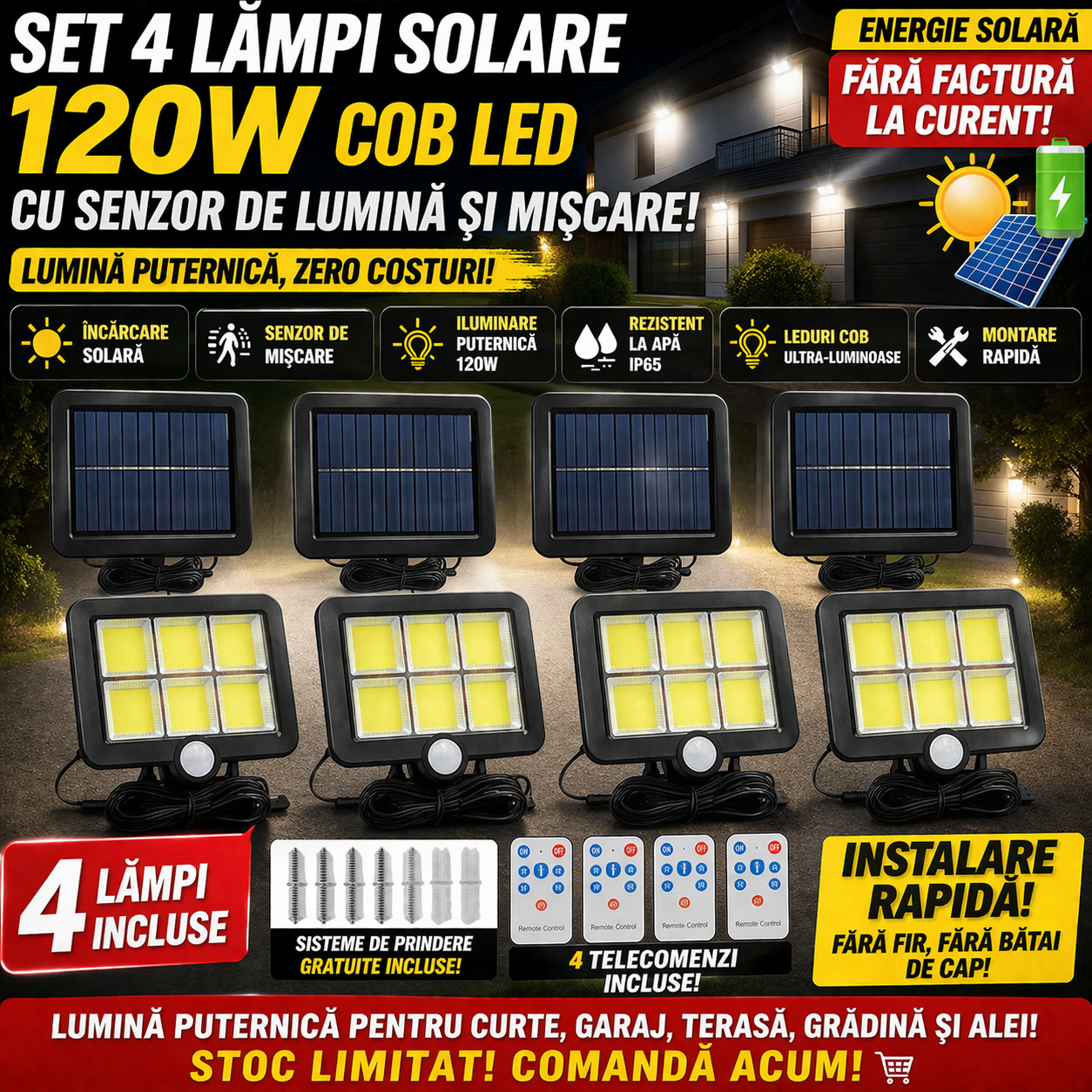 Set 4 Lămpi Solare 120W cu Senzor de Lumină și Mișcare Leduri COB + Telecomandă