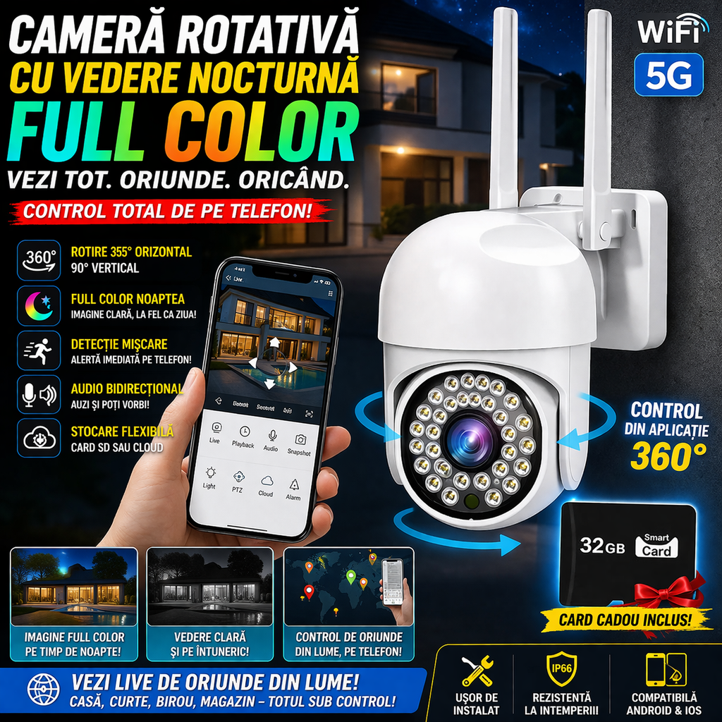 Cameră de Supraveghere de Exterior JORTAN Color  + Card 32GB Cadou