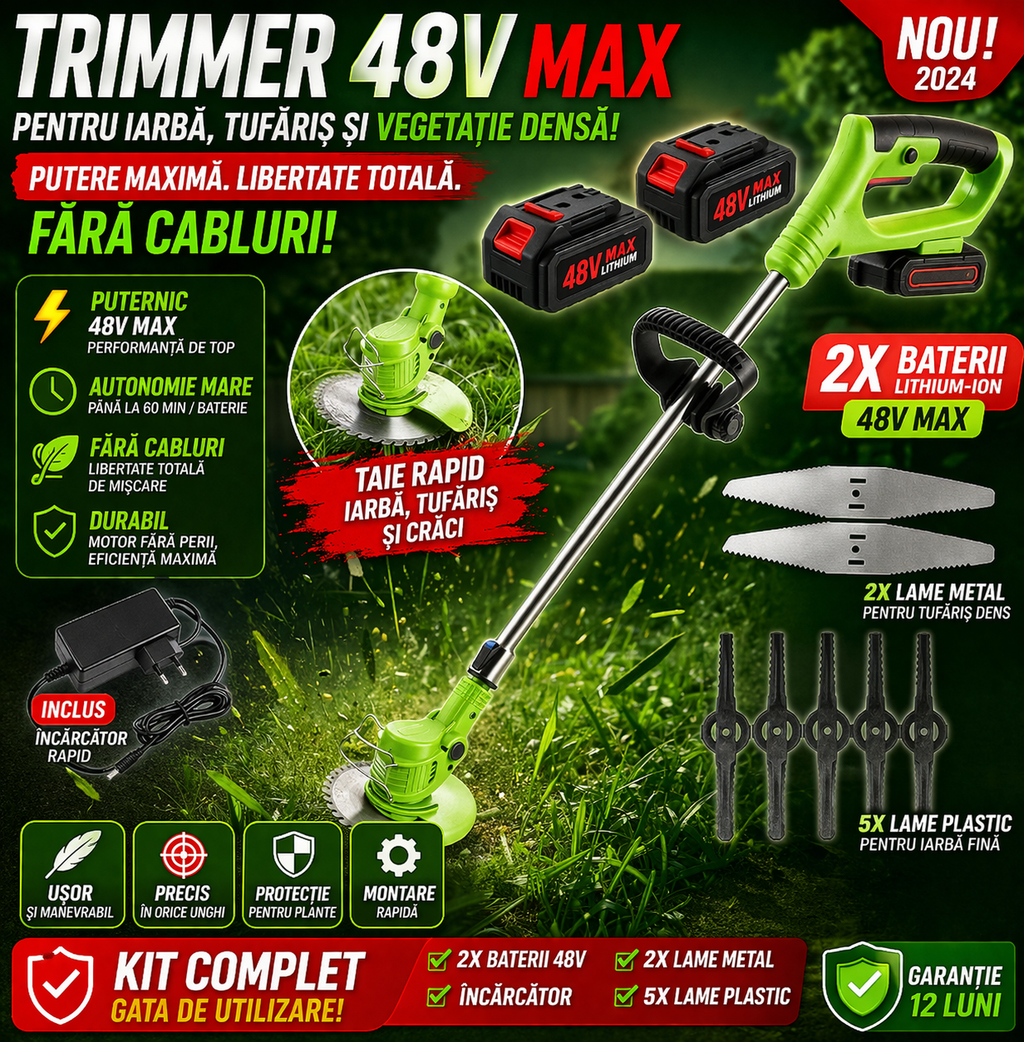 Motocoasa Portabila Cu Acumulator de 48V, Putere 1000W, Cu Brat Extensibil, Pentru Gazon, 8 Accesorii