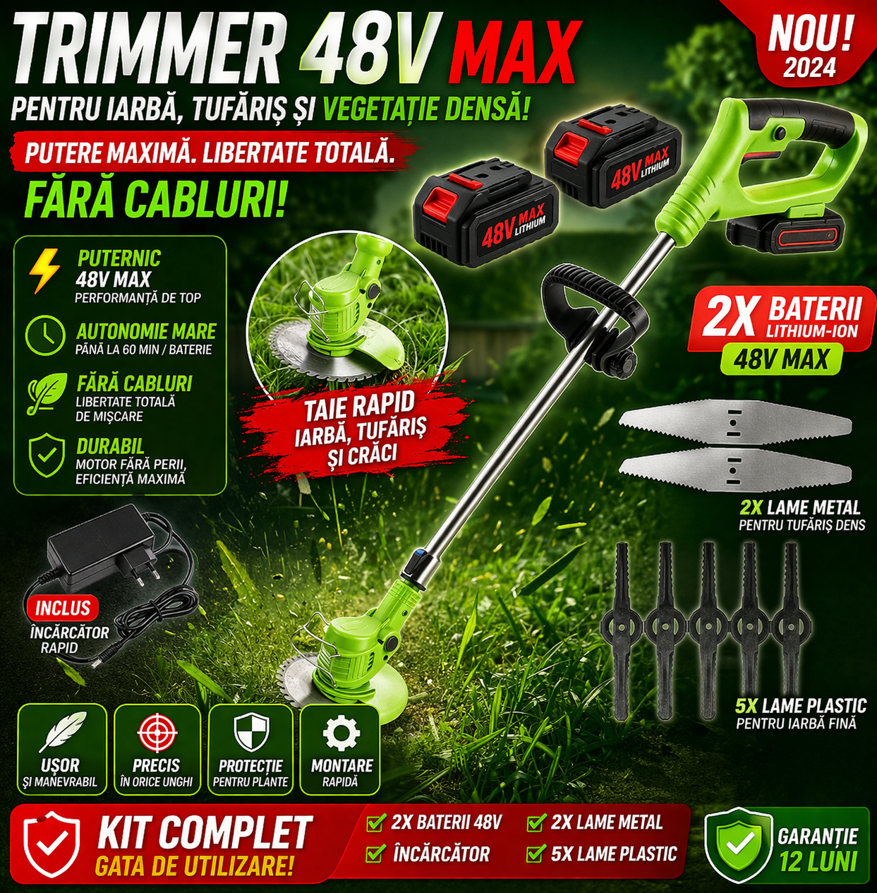 Motocoasa Portabila Cu Acumulator de 48V, Putere 1000W, Cu Brat Extensibil, Pentru Gazon, 8 Accesorii