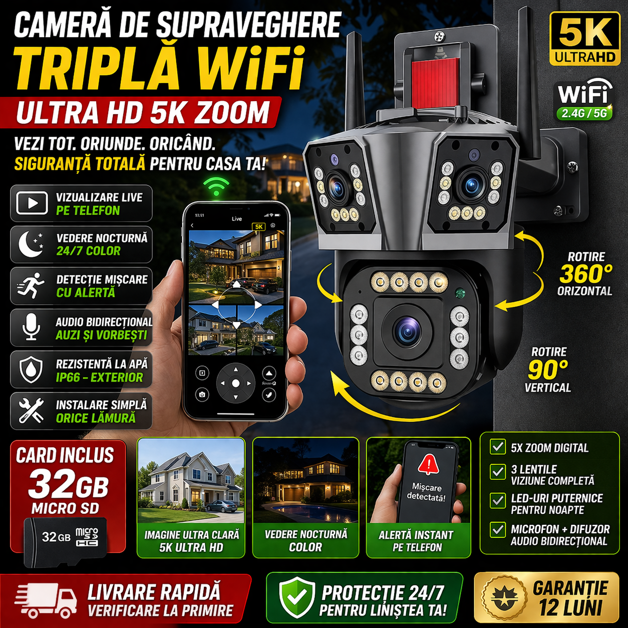 Camera de Supraveghere Tripla Wifi, Ultra Hd 5x Zoom, Rotire, Leduri