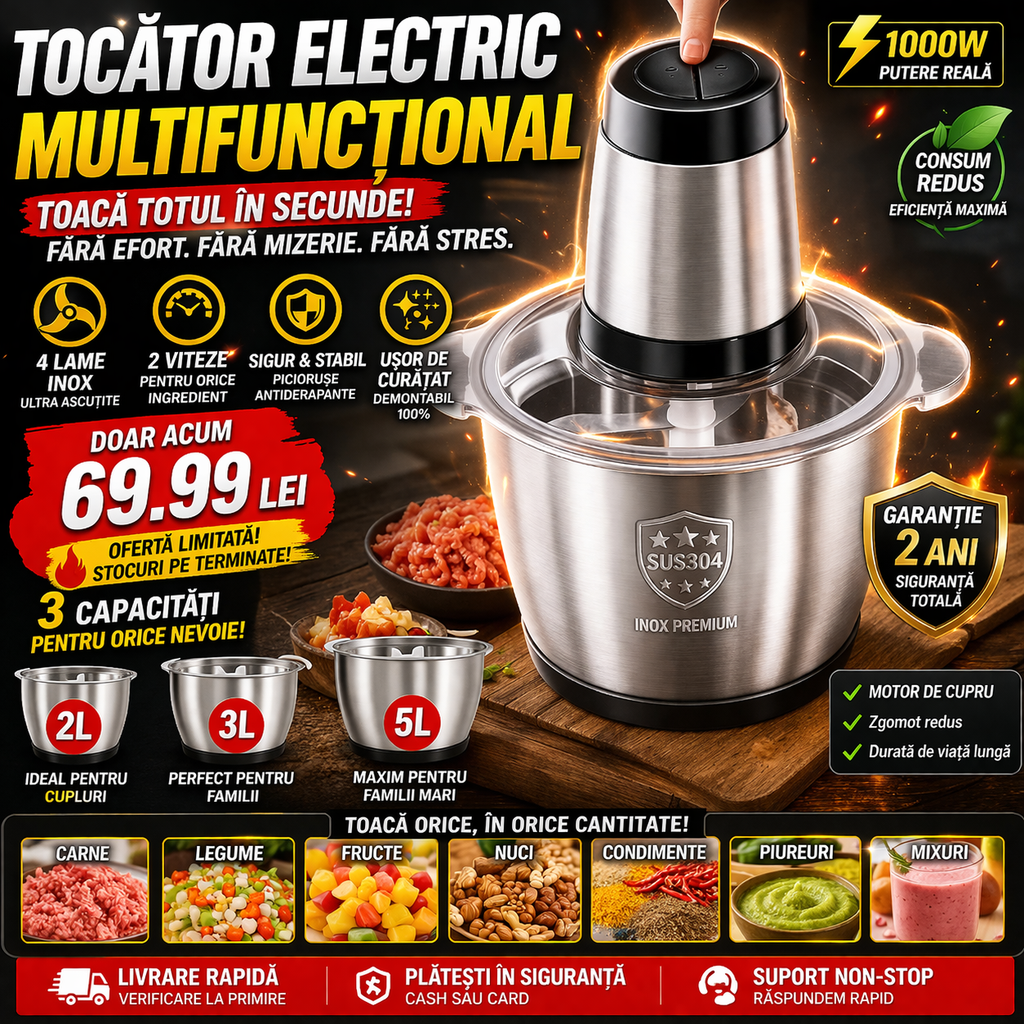 Tocator Electric Multifunctional, Pentru Carne, Fructe, Legume, Cu 2 Trepte de Viteza, Vas Inox, Capacitate