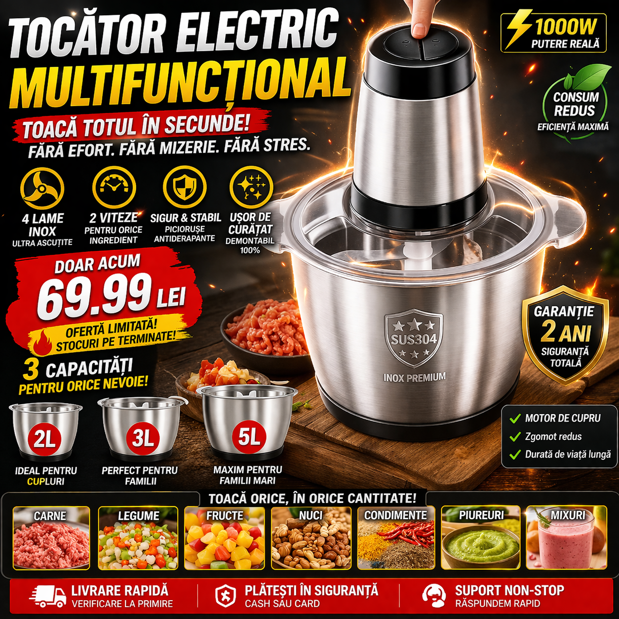 Tocator Electric Multifunctional, Pentru Carne, Fructe, Legume, Cu 2 Trepte de Viteza, Vas Inox, Capacitate