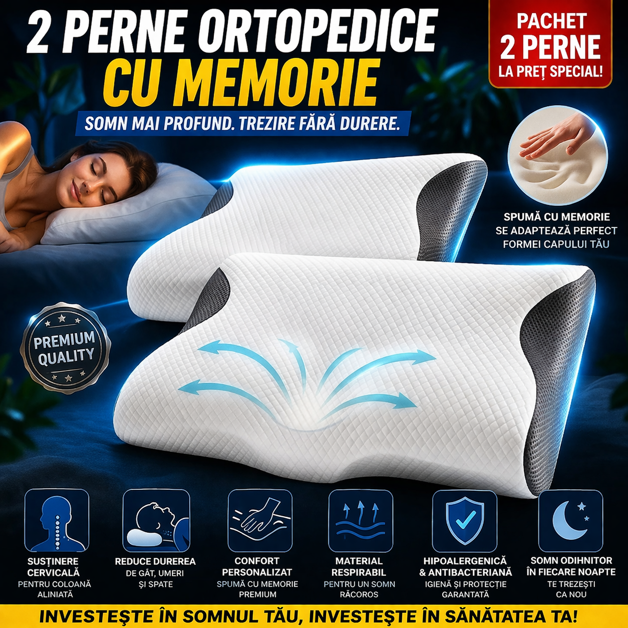 Set 2X perne ortopedice  din spuma cu memorie, cu extensii