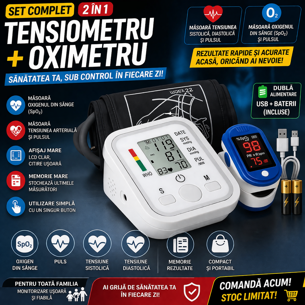 Tensiometru electronic de brat + Pulsoximetru