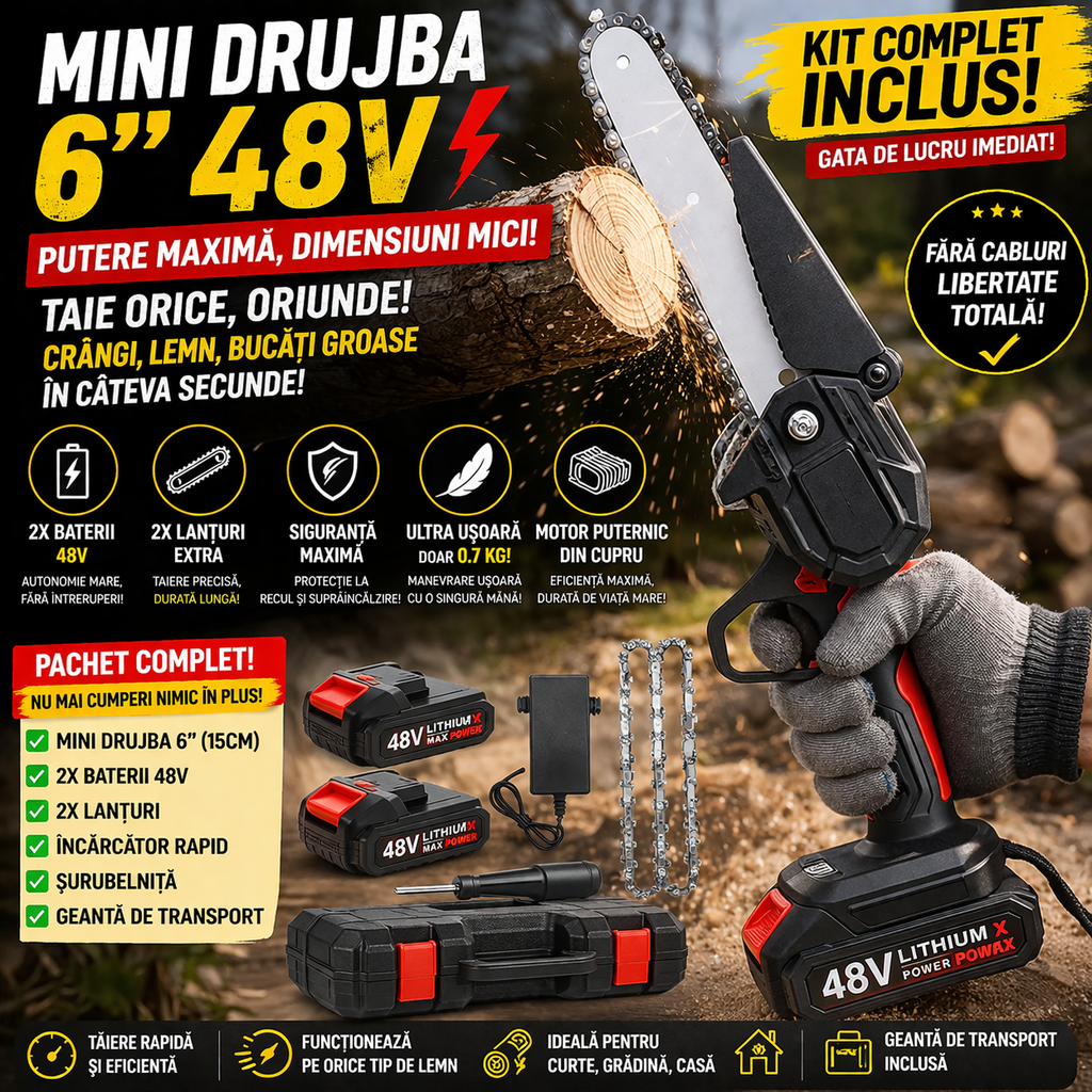 Drujba Electrica 6 inch(15cm) + 2 x Baterii 48V + Lama + 2 x Lant + Incarcator+ Geanta de transport