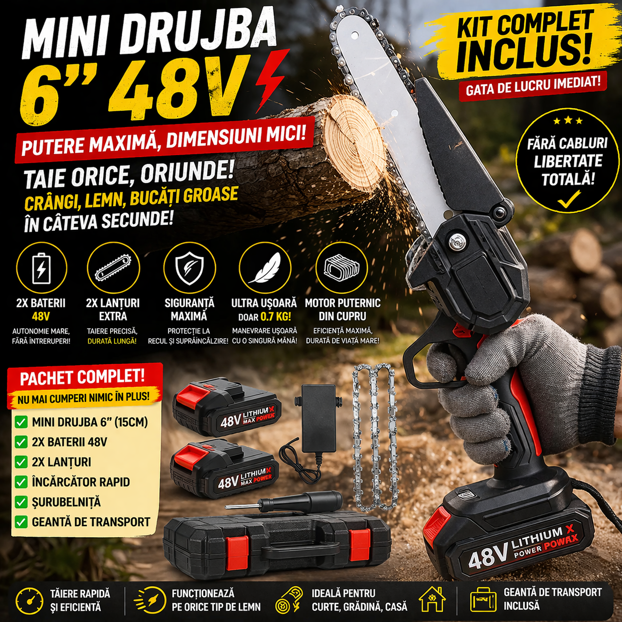 Drujba Electrica 6 inch(15cm) + 2 x Baterii 48V + Lama + 2 x Lant + Incarcator+ Geanta de transport