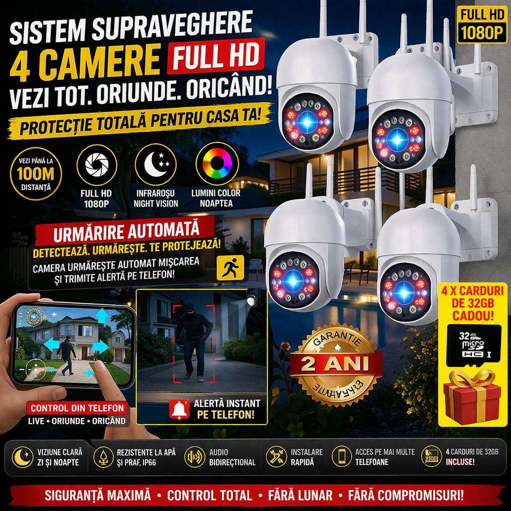 Set 4 Camere De Supraveghere Jortan JT8161QJ, Cu Senzor de Miscare, Conexiune Wifi, Vizualizare Live Pe Telefon + 4 Carduri 32 /64 GB CADOU