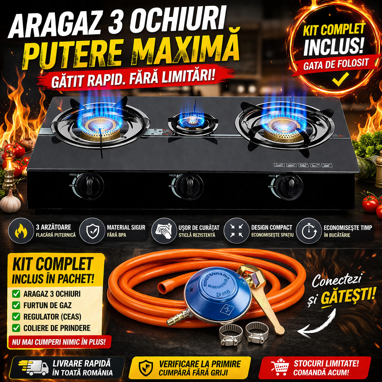 Aragaz Plita Sticla 3 Ochiuri + furtun si ceas GPL