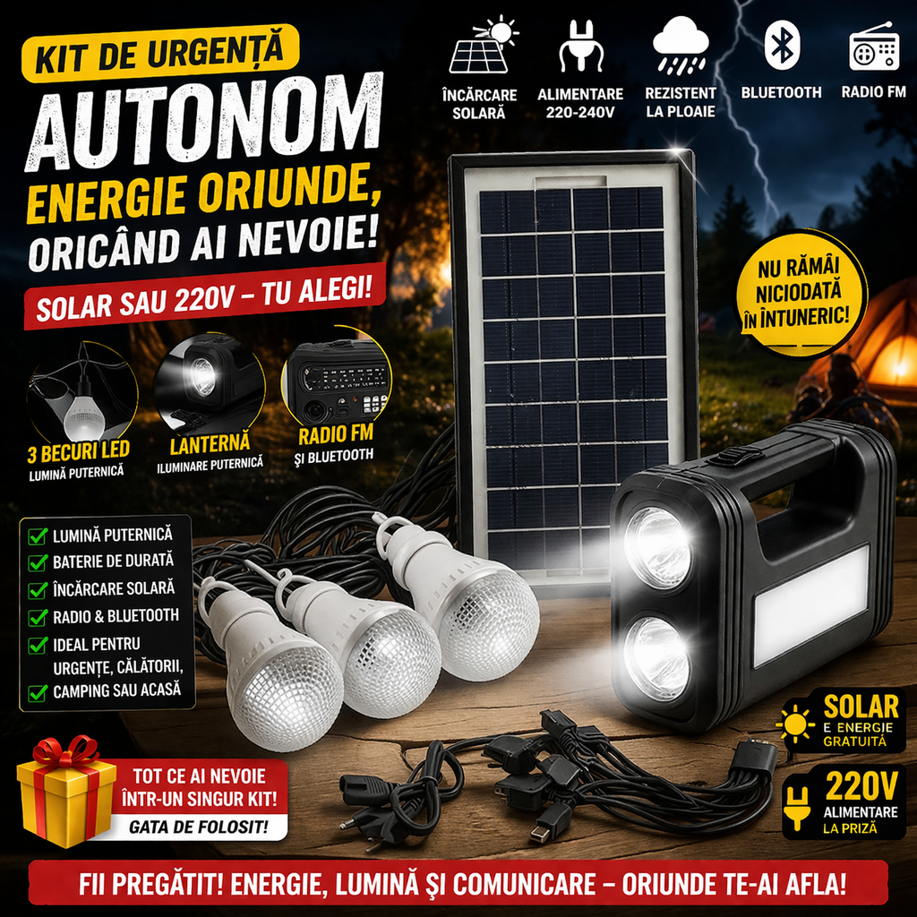 KIT Urgenta  Panou Solar Cu 3 Becuri, Incarcator USB Si Lanterna