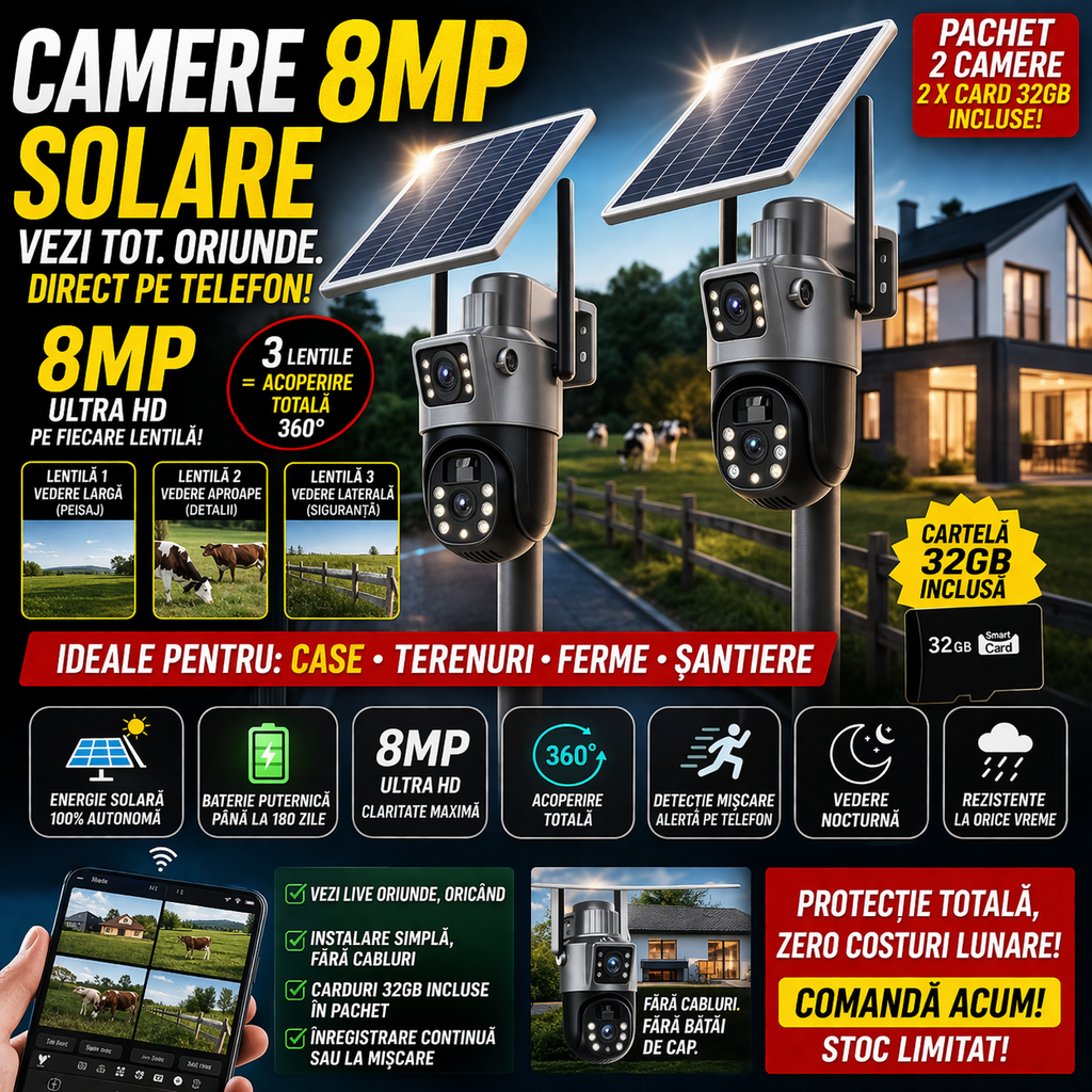 SET 2x Camere Duble 8MP - cu Slot SIM 4G si Panou Solar, Viziune Nocturna, IP66 + 2x Card 32GB