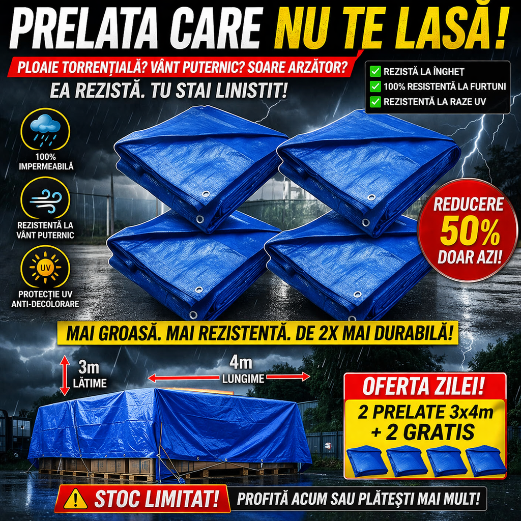 2+2 GRATIS: Prelata Super Rezistenta Pentru Ploaie si Acoperit Suprafete, 3x4 m
