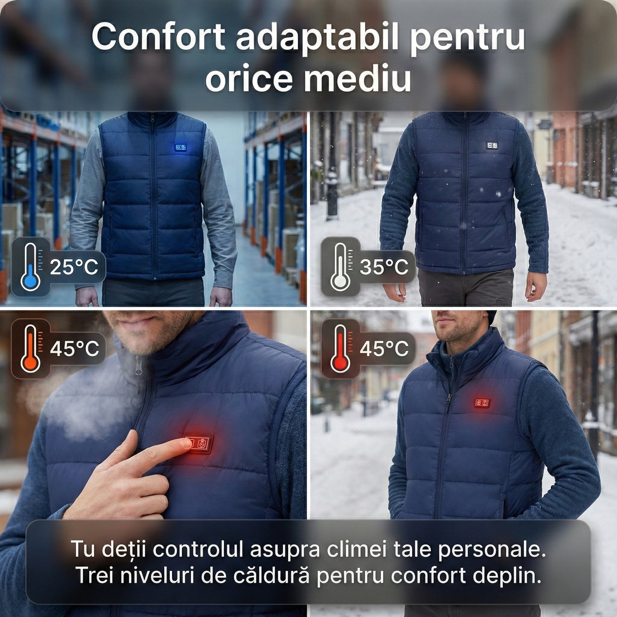 Vesta Incalzita, Unisex, 9 Zone de Incalzire, Umplutura Bumbac, 3 Trepte de Temperatura, Incarcare USB, Negru, 65 – 80 kg,