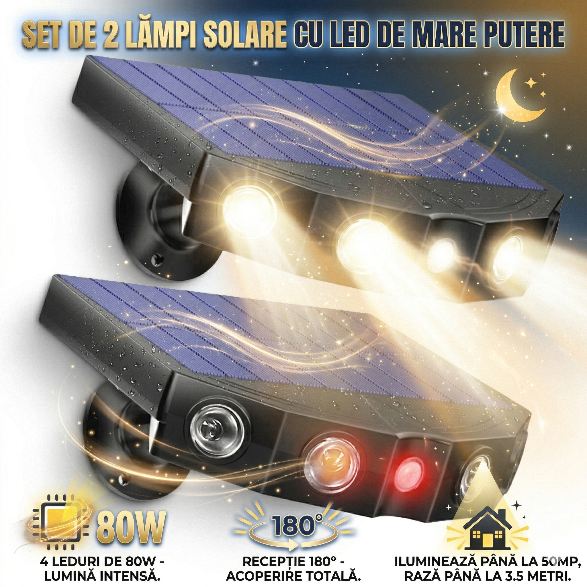 Set 2 Lampi Solare Ultra-Puternice – Securitate si Lumina la 180°