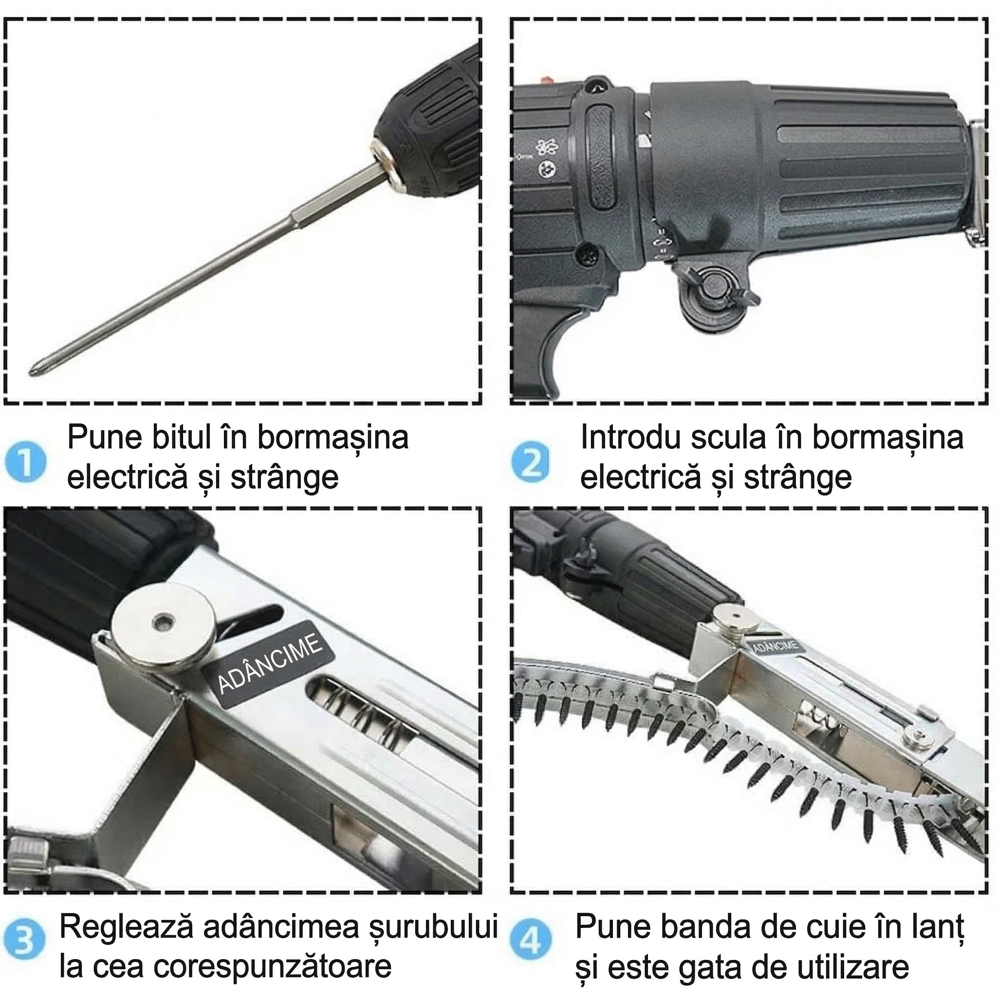 Adaptor Automat de Înșurubat Tip Bandă pentru Bormașină, Alimentare Continuă cu Șuruburi, Aliaj Aluminiu + 50 Negrese