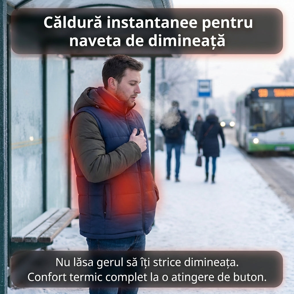 Vesta Incalzita, Unisex, 9 Zone de Incalzire, Umplutura Bumbac, 3 Trepte de Temperatura, Incarcare USB, Negru, 65 – 80 kg,