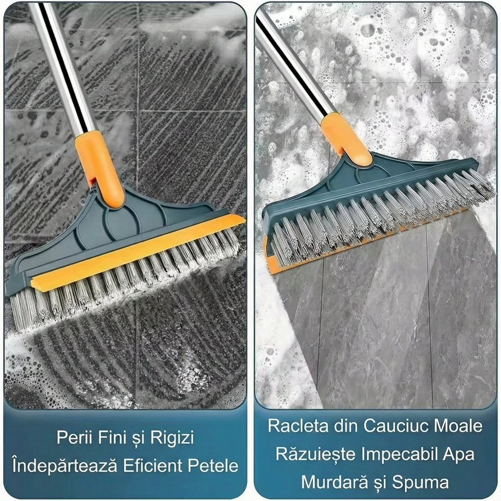 Perie de Curățare 2 în 1 pentru Podele și Rosturi, Mâner Lung din Oțel Inoxidabil, Cap Rotativ 120°, Racletă Integrată, Design în V