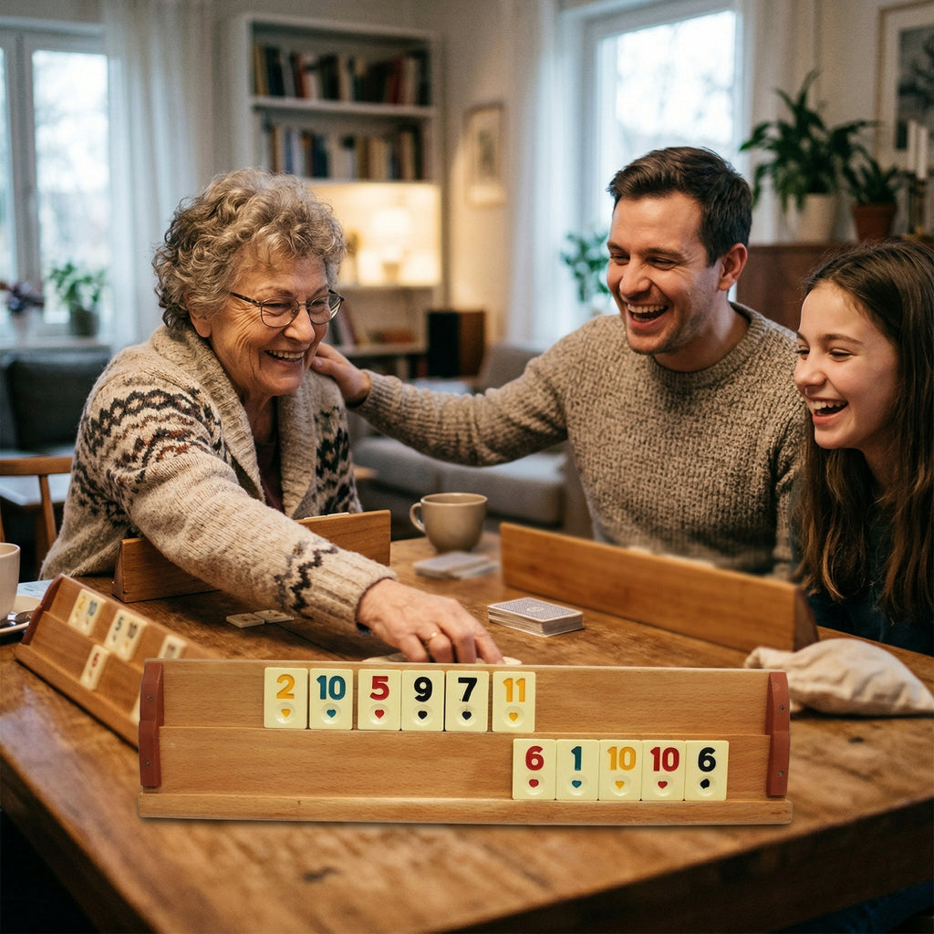 Joc Remi Rummy Kervan din Lemn Masiv, 104 Piese din Praf de Piatră, 4 Table de Joc Lăcuite, Premium