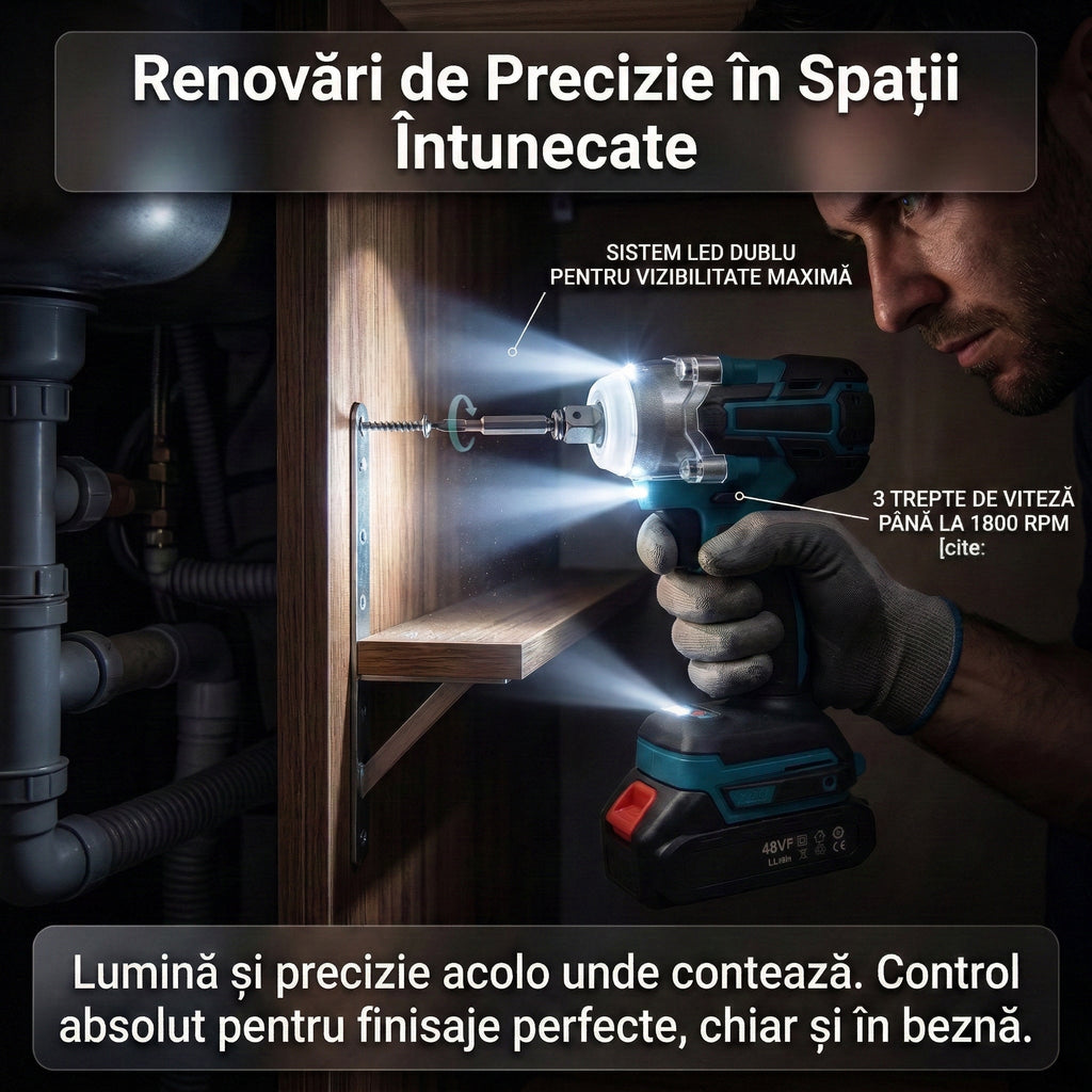 Trusă Mașină de Impact și Înșurubat 550Nm, 43 Accesorii Incluse, 2 Acumulatori 48V 5Ah Li-Ion, Motor Brushless, Valiză Transport