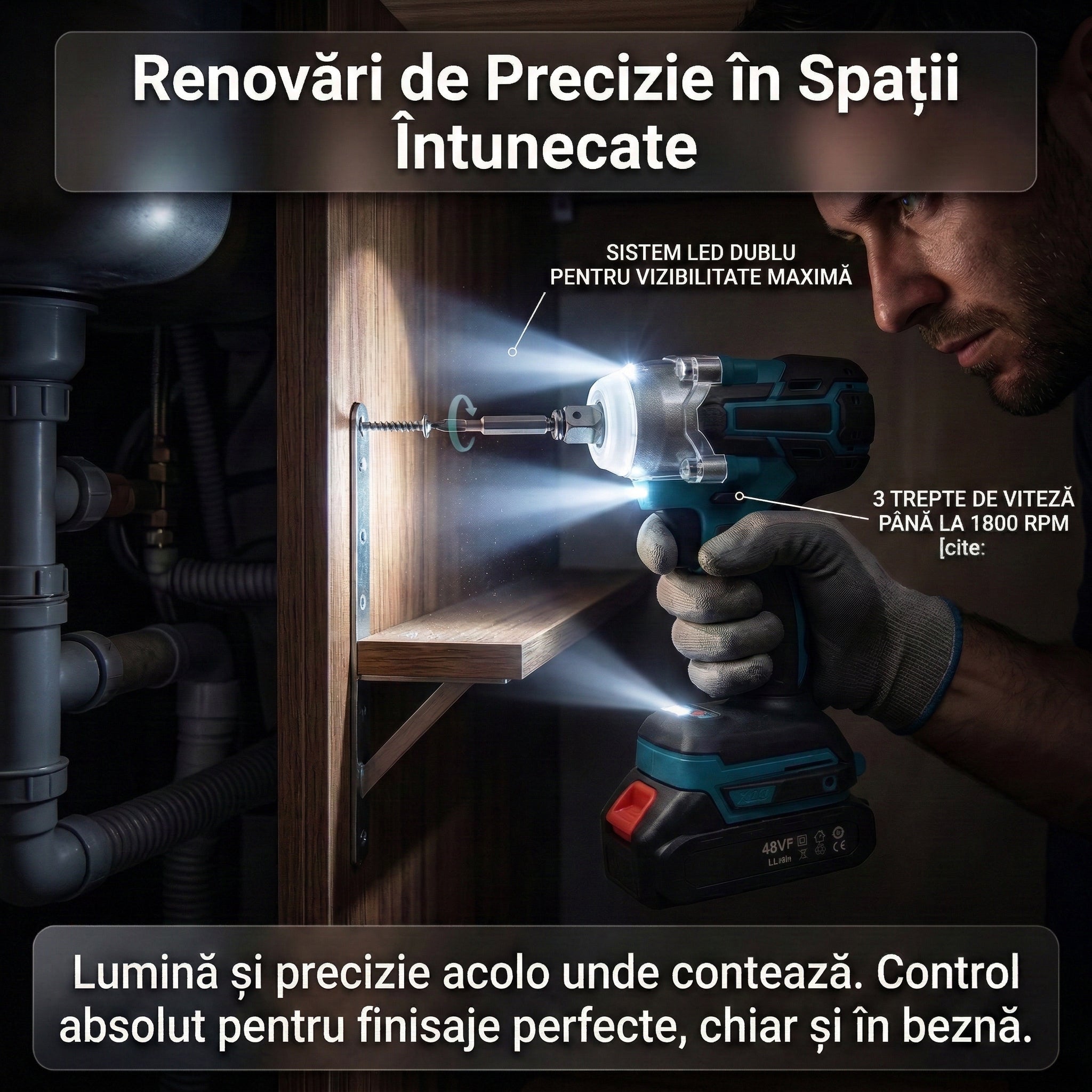 Trusă Mașină de Impact și Înșurubat 550Nm, 43 Accesorii Incluse, 2 Acumulatori 48V 5Ah Li-Ion, Motor Brushless, Valiză Transport