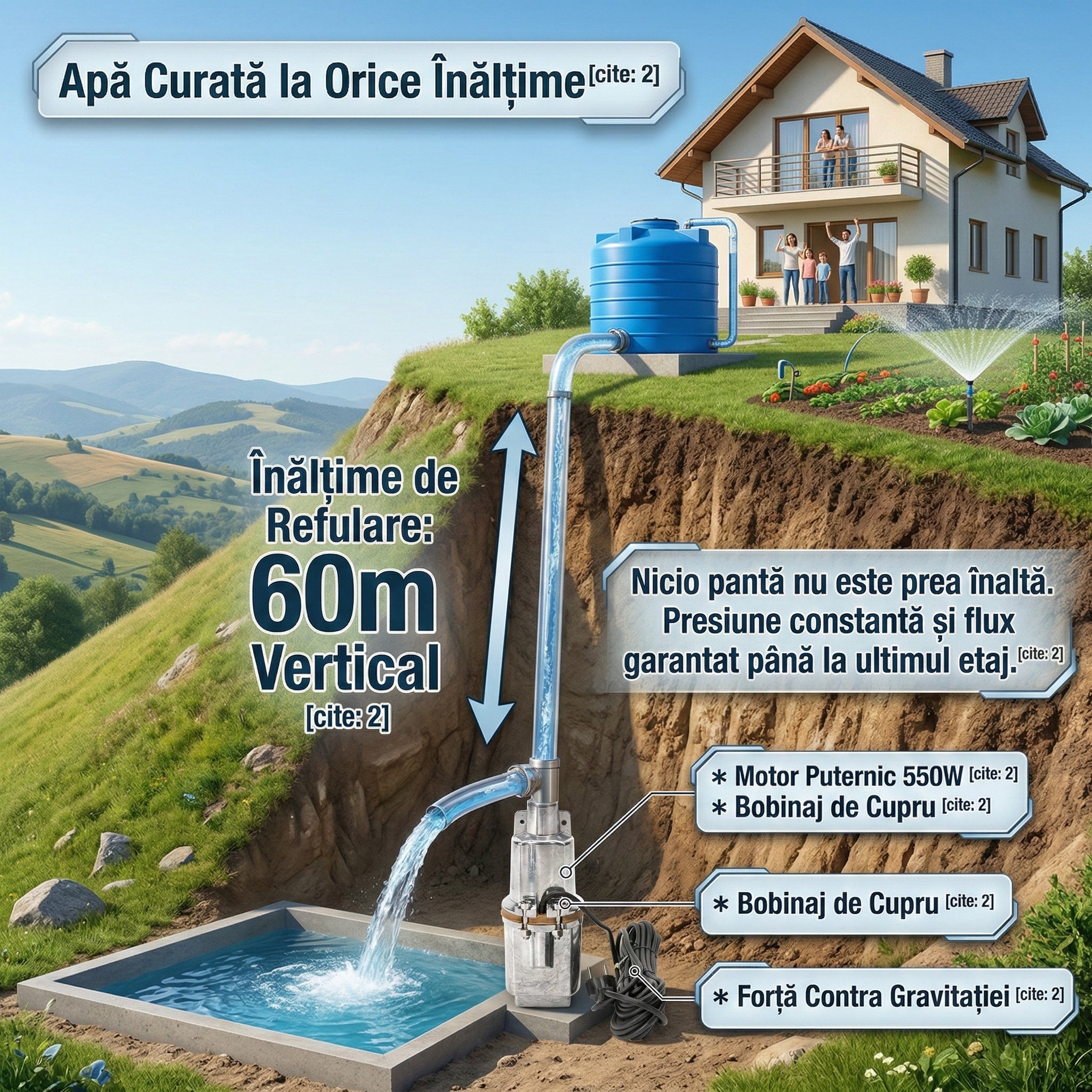 Pompă de Apă Submersibilă cu Vibrație VMP60 , 1000W, Debit 2400 l/h, Înălțime 60m, Bobinaj Cupru, Argintiu