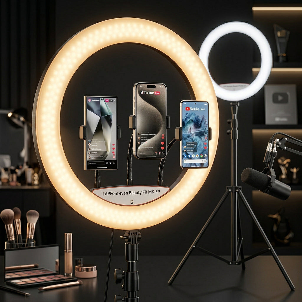 Ring Light LED Profesional 56 cm (22 inch), 100W, Trepied 2m, Telecomandă și 3 Suporturi Telefon, Negru