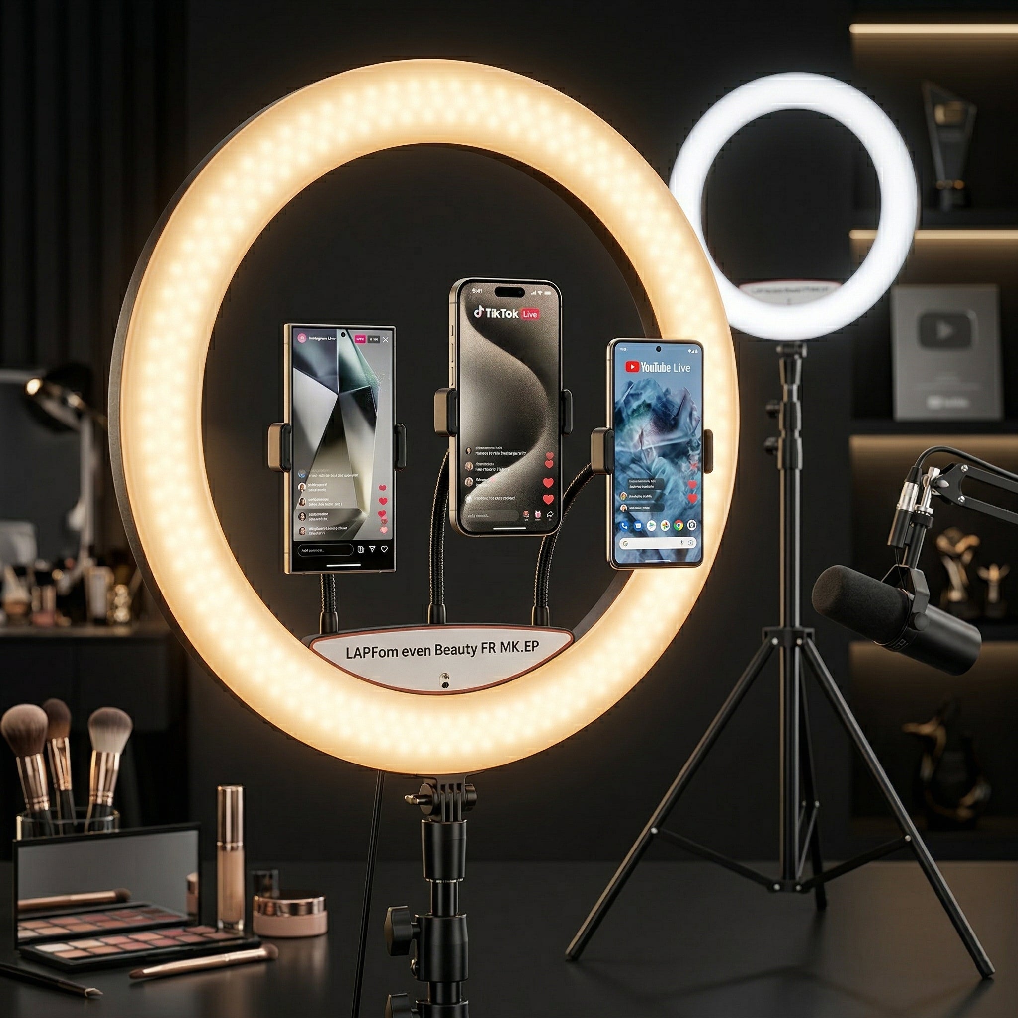 Ring Light LED Profesional 56 cm (22 inch), 100W, Trepied 2m, Telecomandă și 3 Suporturi Telefon, Negru