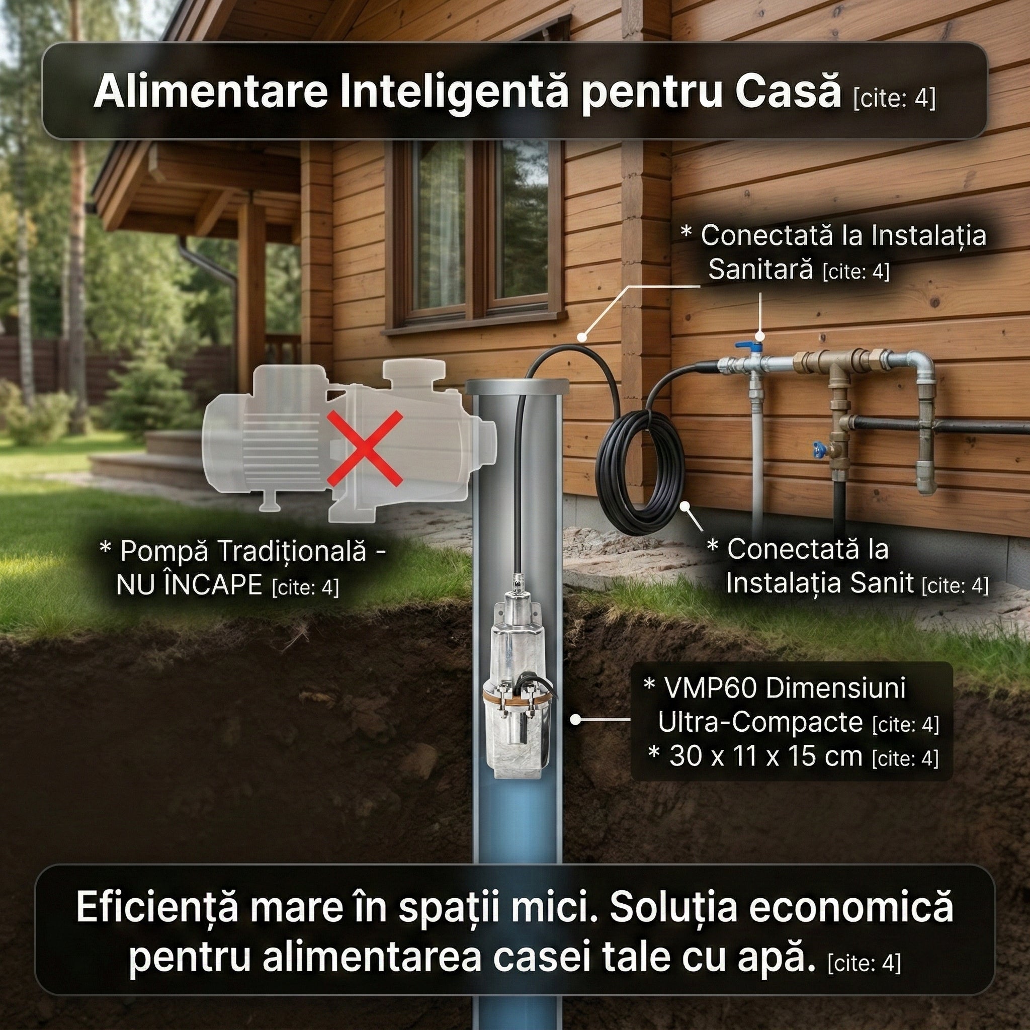 Pompă de Apă Submersibilă cu Vibrație VMP60 , 1000W, Debit 2400 l/h, Înălțime 60m, Bobinaj Cupru, Argintiu