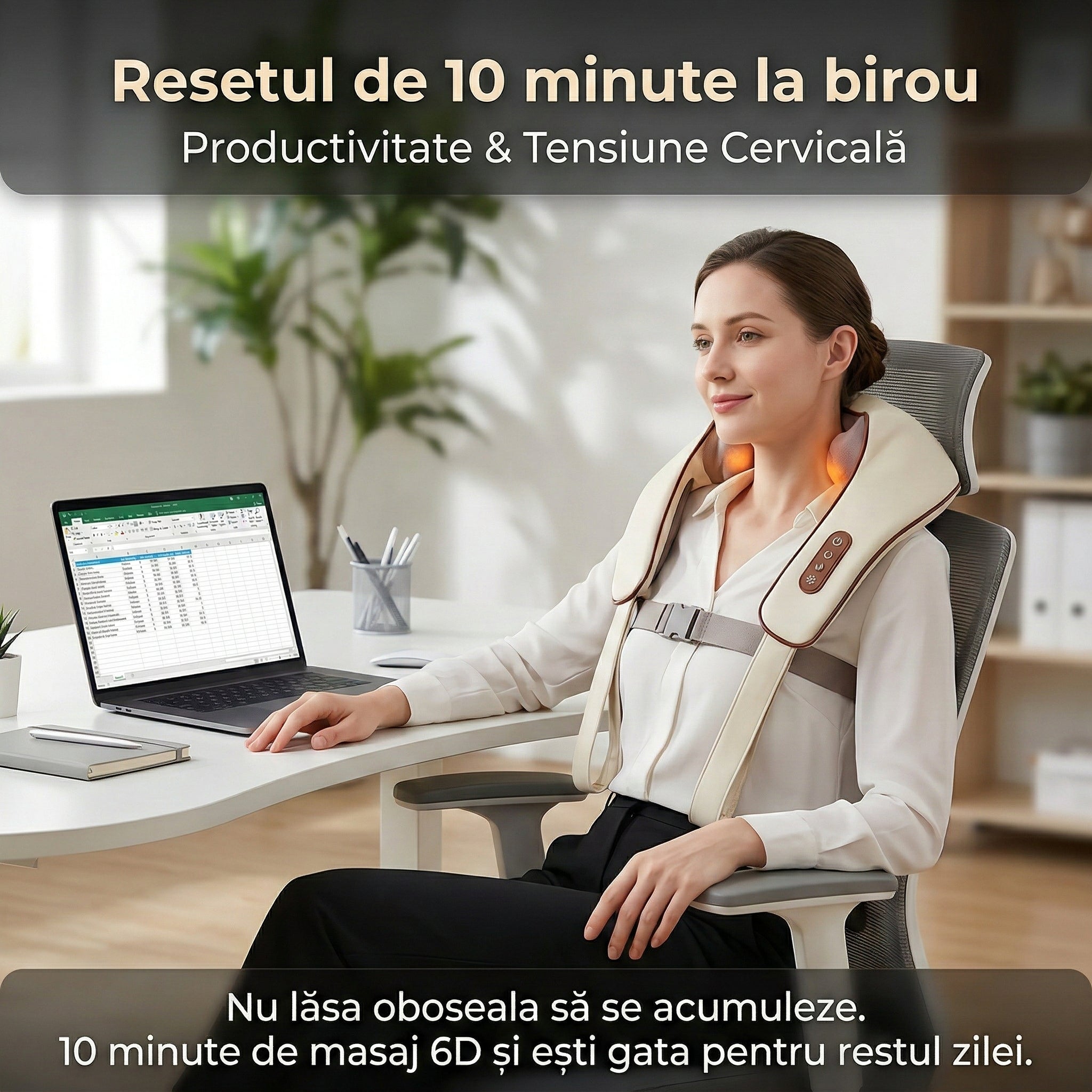 Aparat de Masaj Cervical 6D Profesional, Încălzire Constantă, 6 Capete Silicon, 3 Intensități, Silentios 45dB, Wireless