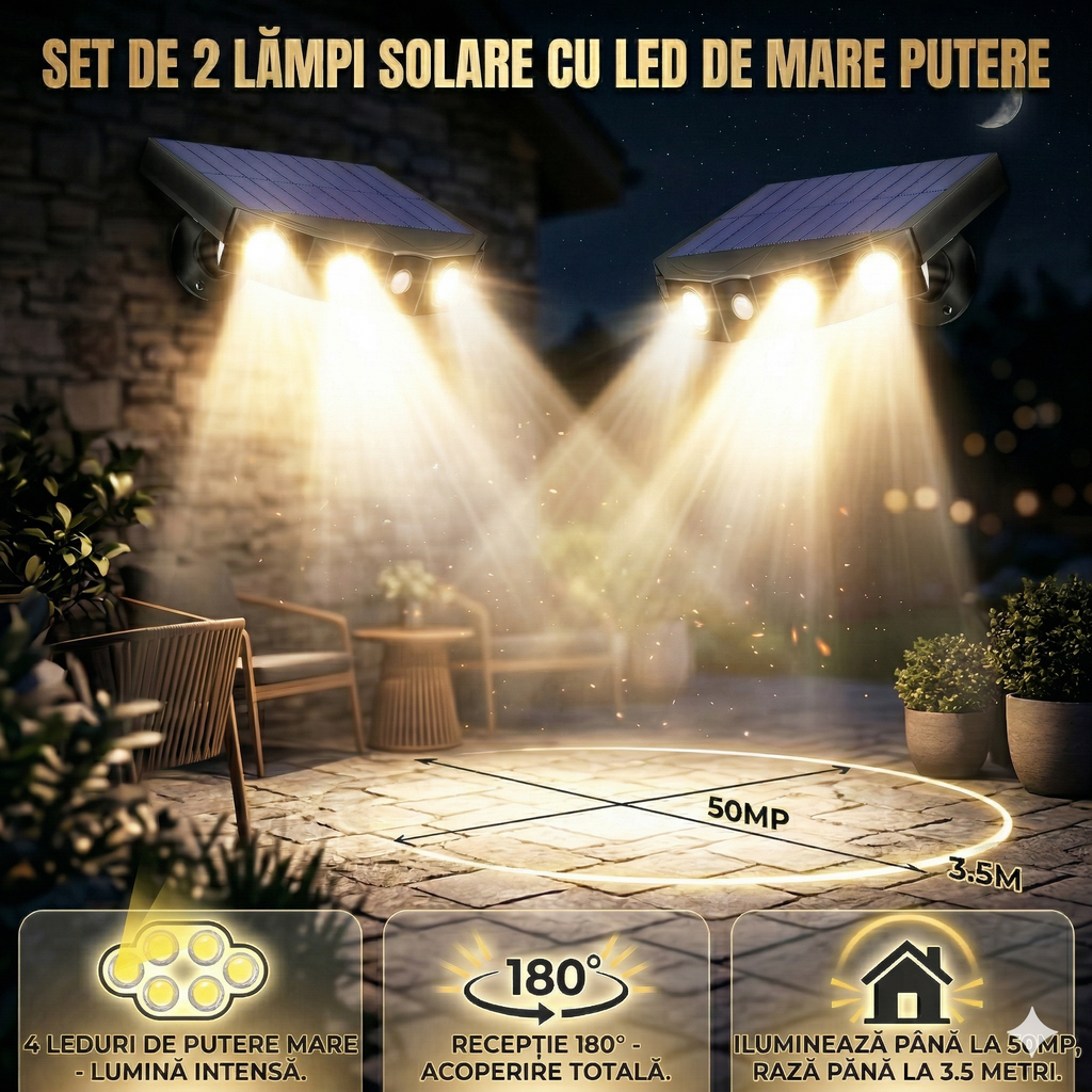 Set 2 Lampi Solare Ultra-Puternice – Securitate si Lumina la 180°