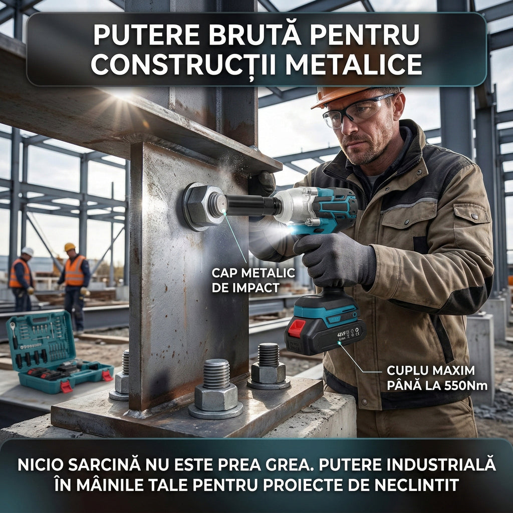 Trusă Mașină de Impact și Înșurubat 550Nm, 43 Accesorii Incluse, 2 Acumulatori 48V 5Ah Li-Ion, Motor Brushless, Valiză Transport