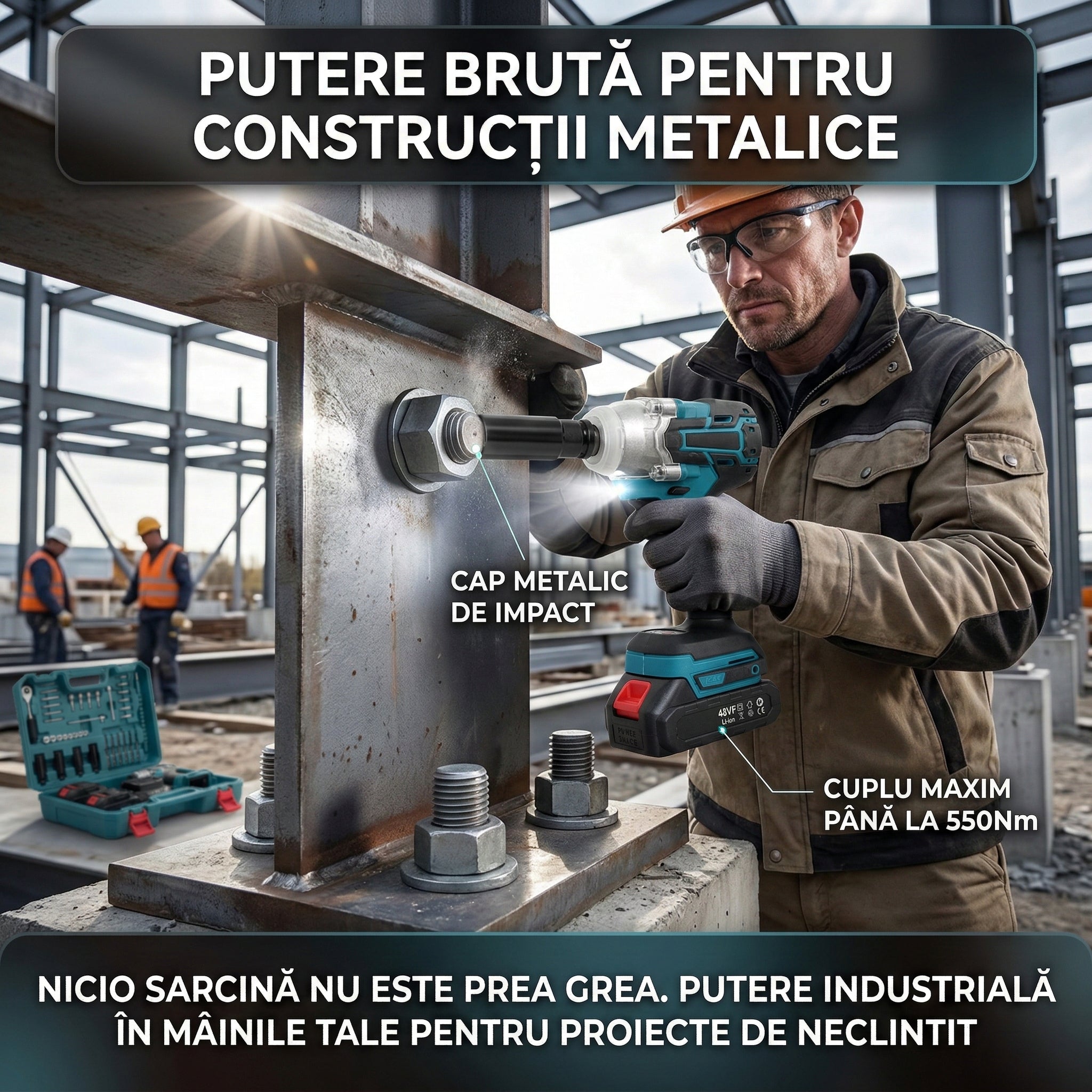Trusă Mașină de Impact și Înșurubat 550Nm, 43 Accesorii Incluse, 2 Acumulatori 48V 5Ah Li-Ion, Motor Brushless, Valiză Transport